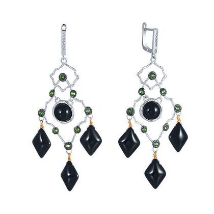 Серьги из серебра 925 пробы с ониксом и фианитами