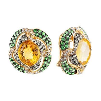Серьги из золота 585 пробы с бриллиантами, цитринами, сапфирами и цаворитами