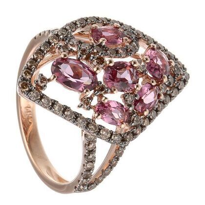 Кольцо из розового золота 585 пробы с родолитами и бриллиантами (17,75)