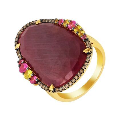 Кольцо из золота 585 пробы с корундом, бриллиантами и сапфирами (17,25)