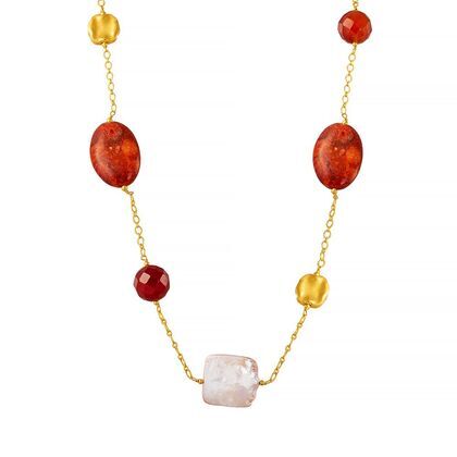 Колье из серебра 925 пробы с яшмой, барочным жемчугом и агатом (110)
