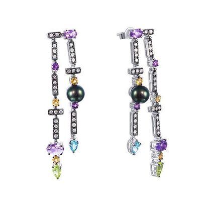 Серьги из белого золота 585 пробы с культивированным жемчугом, бриллиантами, цитринами, аметистами и цаворитами