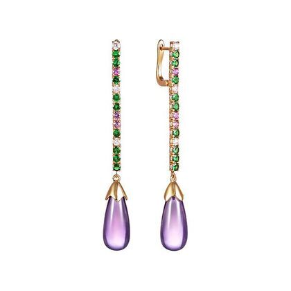 Серьги из золота 585 пробы с бриллиантами, сапфирами, цаворитами и аметистами