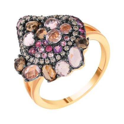 Кольцо из розового золота 585 пробы с бриллиантами, сапфирами, аметистами и раухтопазами (17,75)