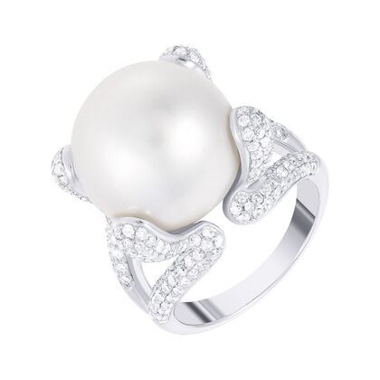 Кольцо из белого золота 750 пробы с жемчугом к. морским и бриллиантами (17)