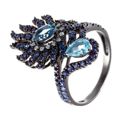 Кольцо из черного золота 585 пробы с цветными полудрагоценными камнями, бриллиантами и сапфирами (17,5)