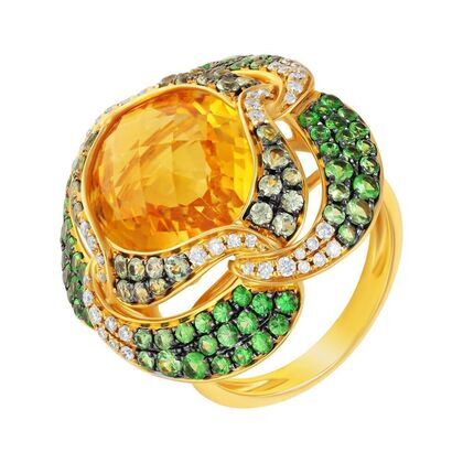 Кольцо из золота 585 пробы с бриллиантами, цитрином, сапфирами и цаворитами (17,25)