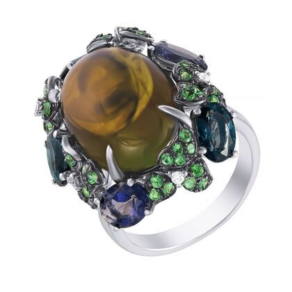 Кольцо из белого золота 585 пробы с турмалином, бриллиантами, цаворитами, иолитами и топазами лондон (17,5)