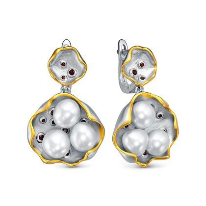 Серьги из серебра 925 пробы с гранатами и барочным жемчугом