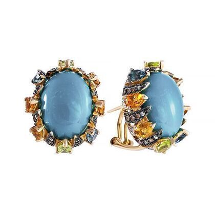 Серьги из золота 585 пробы с бирюзой, бриллиантами и цветными полудрагоценными камнями