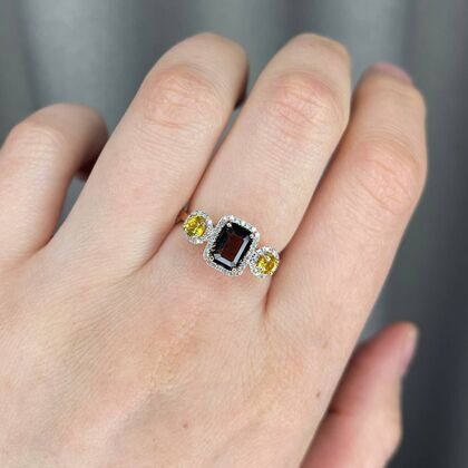 Кольцо из розового золота 585 пробы с раухтопазом, бриллиантами и сапфирами (17)