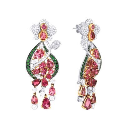 Серьги из белого золота 750 пробы и золота 750 пробы с бриллиантами, цаворитами и турмалинами
