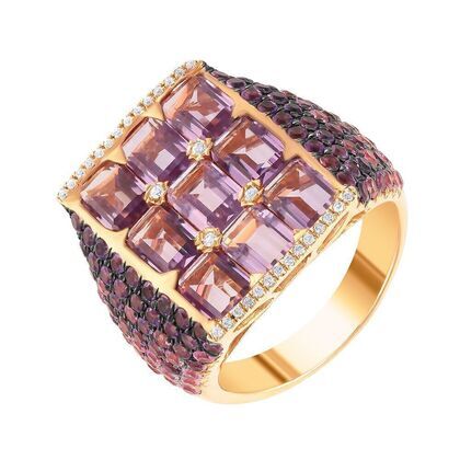 Кольцо из розового золота 585 пробы с аметистами, бриллиантами и сапфирами (18,25)