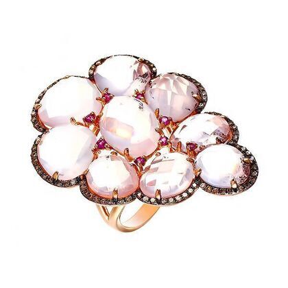 Кольцо из розового золота 585 пробы с кварцем, бриллиантами и рубинами (18)