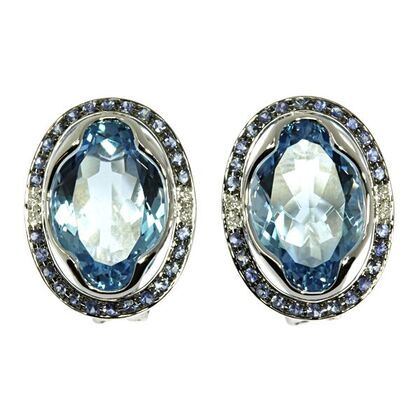 Серьги из белого золота 585 пробы с бриллиантами, сапфирами и топазами