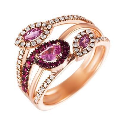 Кольцо из розового золота 585 пробы с бриллиантами, сапфирами и рубинами (17,5)