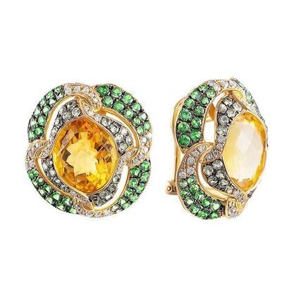 Серьги из золота 585 пробы с бриллиантами, цитринами, сапфирами и цаворитами