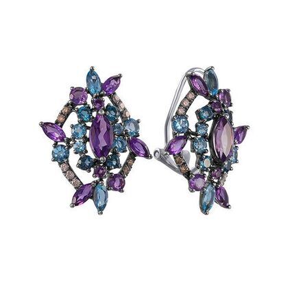 Серьги из белого золота 585 пробы с цветными полудрагоценными камнями и бриллиантами