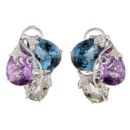 Серьги из белого золота 585 пробы с топазами лондон, бриллиантами, аметистами и празиолитами