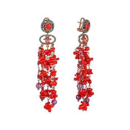 Серьги из серебра 925 пробы с кораллами, корундами, родолитами и фианитами