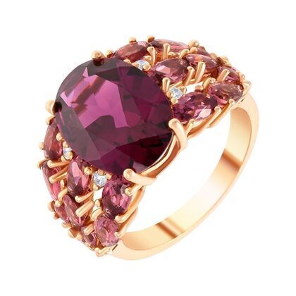 Кольцо из розового золота 585 пробы с родолитами, бриллиантами и турмалинами (17,5)