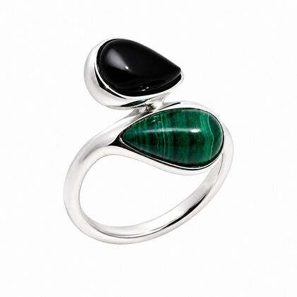 Кольцо из серебра 925 пробы с малахитами и ониксом (18,5)