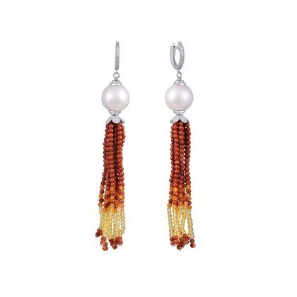 Серьги из серебра 925 пробы с культивированным жемчугом, цитринами, авантюринами синтетическими и фианитами