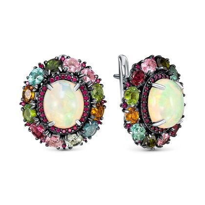 Серьги из серебра 925 пробы с опалами, турмалинами и корундами