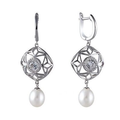Серьги из серебра 925 пробы с культивированным жемчугом, фианитами и ювелирным стеклом