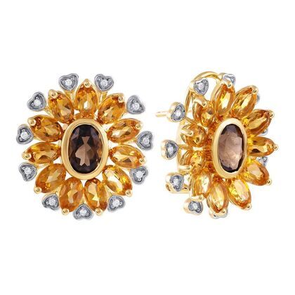 Серьги из золота 585 пробы с бриллиантами, цитринами и раухтопазами