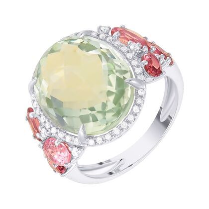 Кольцо из белого золота 585 пробы с празиолитом, бриллиантами и турмалинами (17,5)