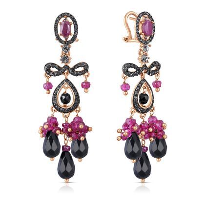 Серьги из серебра 925 пробы с ониксом, рубинами и фианитами