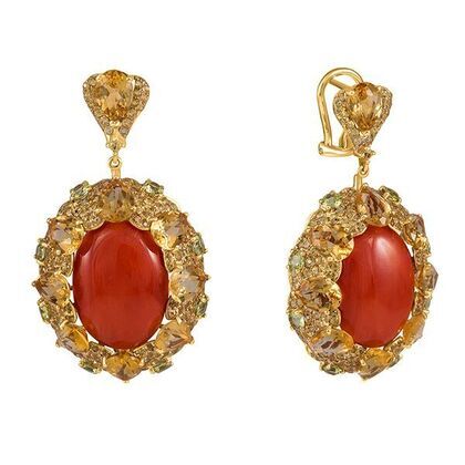 Серьги из золота 585 пробы с корундами, сапфирами, цитринами и празиолитами