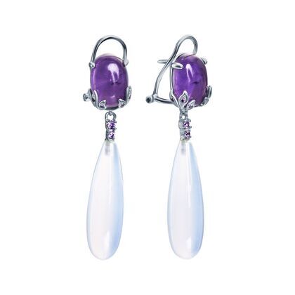 Серьги из серебра 925 пробы с аметистами, халцедонами и фианитами