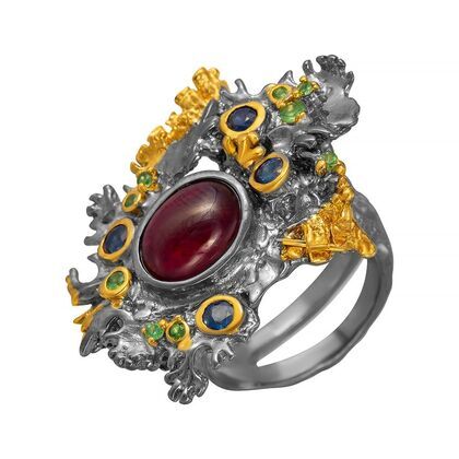 Кольцо из серебра 925 пробы с рубином, сапфирами и цаворитами (17)