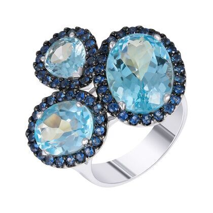 Кольцо из белого золота 750 пробы с сапфирами и топазами (18,5)