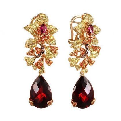 Серьги из золота 585 пробы с бриллиантами, сапфирами, родолитами и гранатами