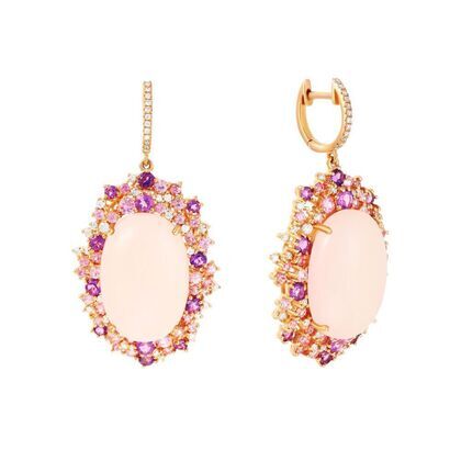 Серьги из розового золота 585 пробы с кварцем, бриллиантами, сапфирами и аметистами