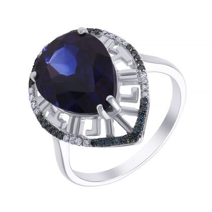 Кольцо из белого золота 585 пробы с бриллиантами и выращенным сапфиром