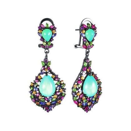 Серьги из серебра 925 пробы с халцедонами, сапфирами и цветными полудрагоценными камнями