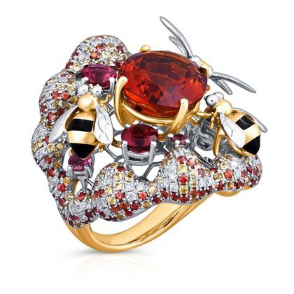 Кольцо из золота 750 пробы с бриллиантами, сапфирами, родолитами, цитрином и эмалью (17,5)