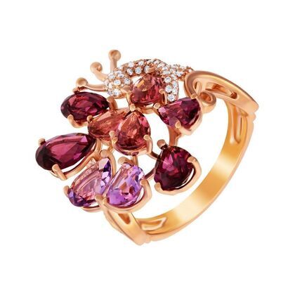 Кольцо из розового золота 585 пробы с родолитами, бриллиантами, турмалинами и аметистами (19)