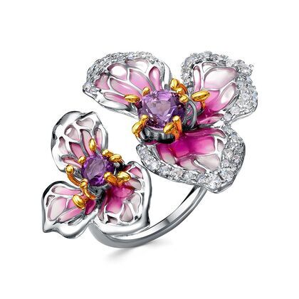 Кольцо из серебра 925 пробы с аметистами, эмалями и топазами (17)