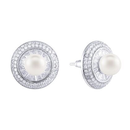 Серьги из серебра 925 пробы с жемчугом к. речным и фианитами