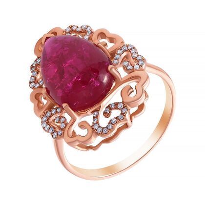 Кольцо из розового золота 585 пробы с рубином выращенным и бриллиантами (16,75)
