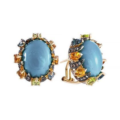 Серьги из золота 585 пробы с бирюзой, бриллиантами и цветными полудрагоценными камнями