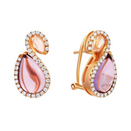 Серьги из розового золота 585 пробы с аметистами, бриллиантами и кварцем