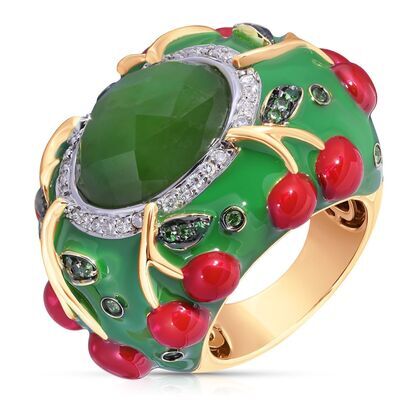 Кольцо из золота 750 пробы с жадеитом, бриллиантами, цаворитами и эмалью (18)