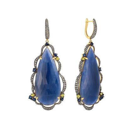 Серьги из золота 585 пробы с корундами, бриллиантами и сапфирами