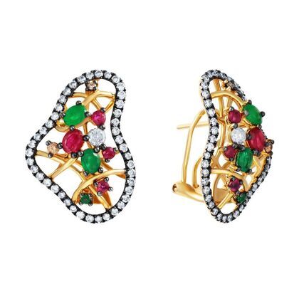 Серьги из золота 585 пробы с бриллиантами, изумрудами и рубинами